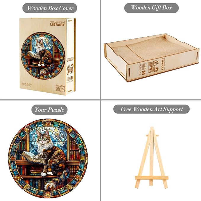 Wooden Puzzles Adults, Maine Cat Library Wooden Puzzles 300 Pieces, Unique Animal Shaped Wood Challenging Jigsaw Puzzles Gifts for Adults, 13.4x13.4in