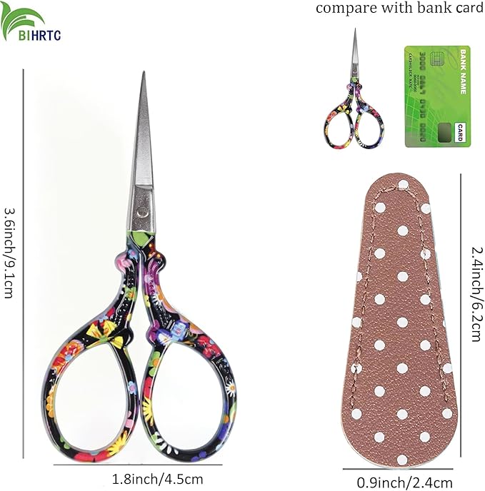 BIHRTC Little Sewing Scissors 4.5Inch Embroidery Scissors with Artificial Leather Cover Stainless Steel Scissor DIY Tools Dressmaker Small Shears for Handicraft DIY Tool Crafting Thread Art Work