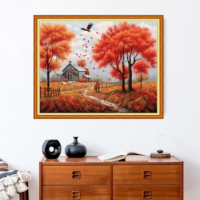 Stamped Cross Stitch Kits - Beach Night Landscape Counted Cross Stitch Kits for Beginners Adults Needlepoint Cross-Stitch Patterns-Golden Autumn Scenery 16x20 inchs