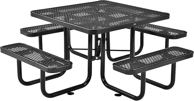 Global Industrial 46" Square Picnic Table, Expanded Metal, Black Thermoplastic Coating, Attached Benches, 1-1/2” Umbrella Pole Hole, Outdoor-Rated, 1000 lb Capacity