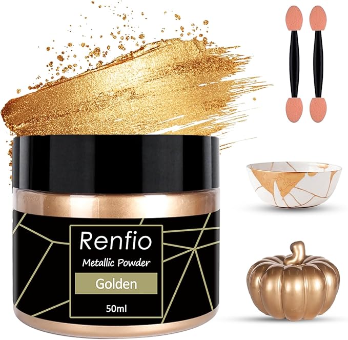 Renfio Metallic Pigment Powder,Gold Mica Powder for Resin,50ml Golden Resin Color Pigment for Kintsugi,Polymer Clay,Crafts,Slime,Candle,Nail,Paint,Fabric,Festival,Decoration