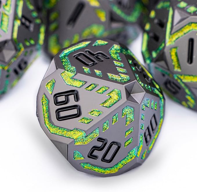 Metal DND Sci-fi Dice Set 7PCS Stripe Polyhedral Dice for Dungeons Dragons RPG Role Playing Game, Glitter D and D Dice with Gift Box D6 D8 D10 D12 D20 (Black&Green Yellow)