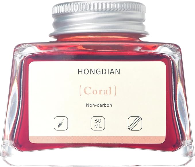 Hongdian Fountain Pen Bottled Ink Coral Color, 60ml Non Carbon Inkwell Bottle, Artist Calligraphy Ink