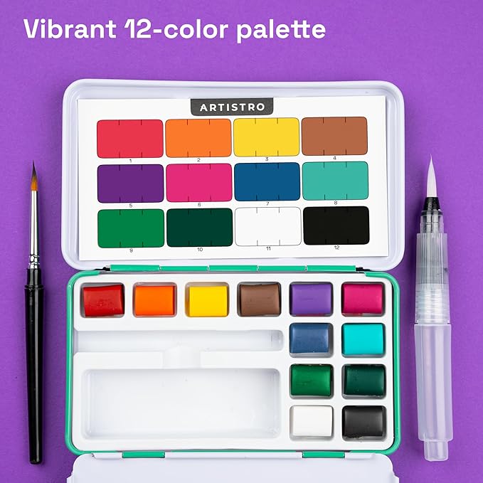ARTISTRO Watercolor Paint Set in 12 Colors - Travel Watercolor Set with Metal Case & Bright Watercolors - Portable Set for Beginners & Amateur Artists