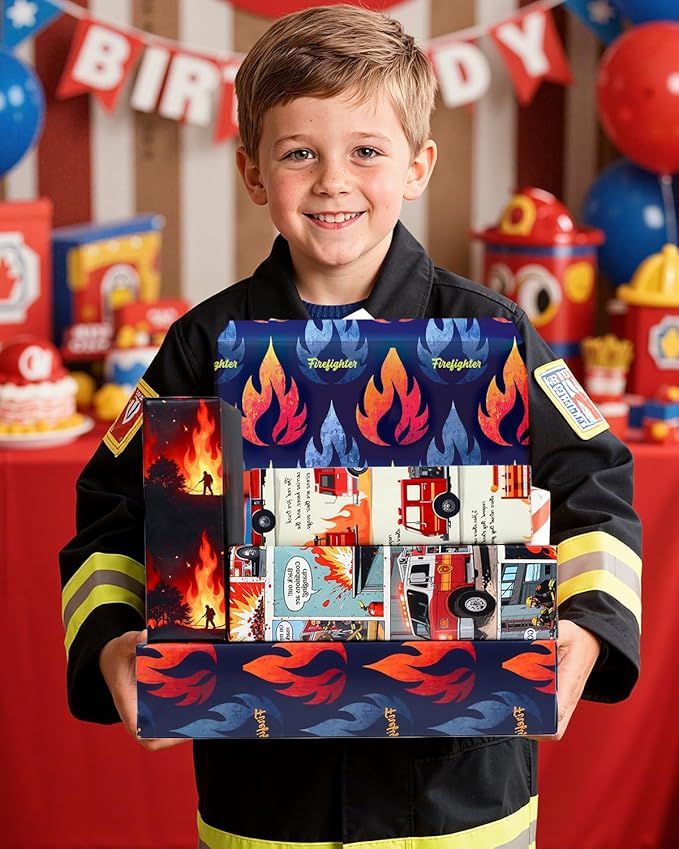 Pineraap 12 Sheets Firefighter Themed Wrapping Paper, Fire Safety Gift Wrap for Firefighter, Folded Flat Art Paper for Birthday Parties, Fireman Theme Favors, Thank You & Appreciation,19.7 x 27.6 Inch