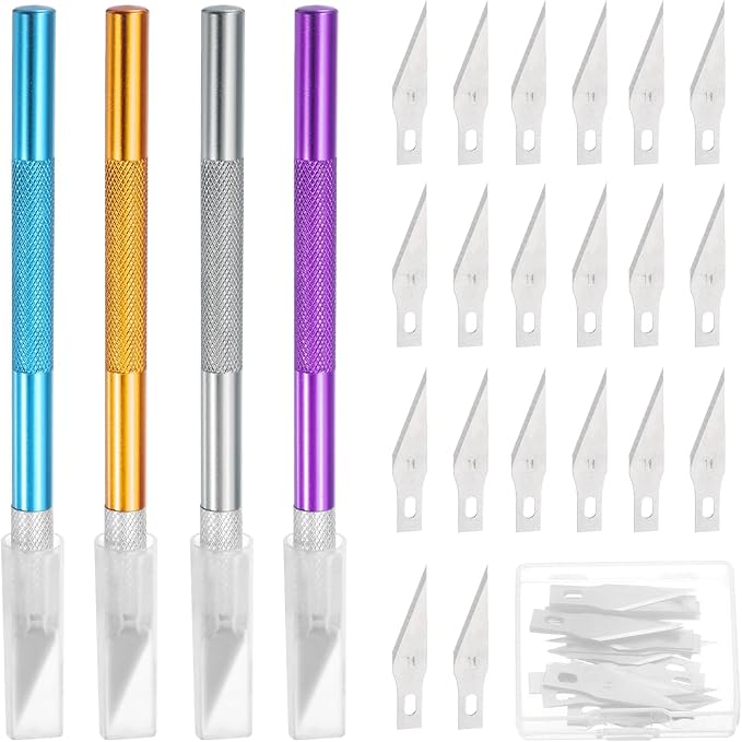 MECCANIXITY 4 Pcs Exacto Knife, Craft Hobby Knife with 40 Exacto Blades(#11) Profession Craft Knives for Crafting, Modeling, Scrapbooking (Purple, Gold, Blue, Silvery)