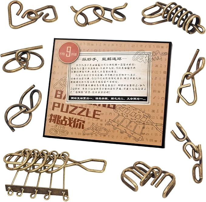 Assorted Ancient Metals Puzzle Brone Color Stress Relief Toys 9 Pack IQ Wire Puzzles with Paper Box Gift Package Great Educational Metals Still Puzzle Games Toys for Children and Adults by AHYUAN
