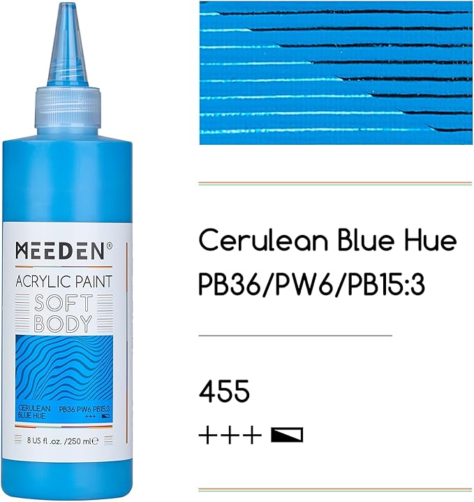MEEDEN Soft Body Acrylic Paint: Cerulean Blue Hue 250ml/8.45oz Bulk Acrylic Colors in Ergonomic Bottle - Fluid Flow Art Paints for Artists Canvas Painting