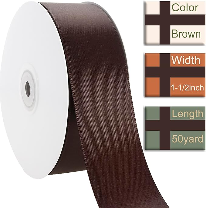 1 1/2 Inch Brown Ribbon, 50 Yards Craft Polyester Satin Ribbon Perfect for Gift Wrapping, Handmade Roses, Wedding Party Decorations and DIY Crafts