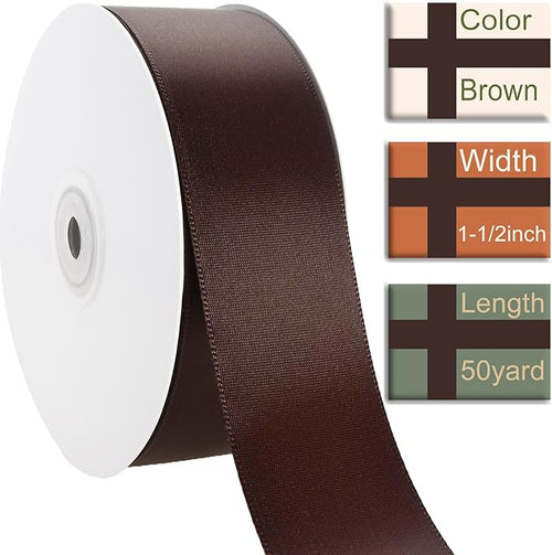 1 1/2 Inch Brown Ribbon, 50 Yards Craft Polyester Satin Ribbon Perfect for Gift Wrapping, Handmade Roses, Wedding Party Decorations and DIY Crafts