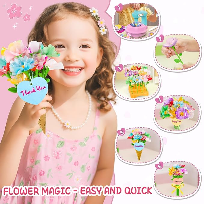 Wwzzey Fabric Flower Bouquets Toys - Arts and Crafts for Kids Ages 4-8 8-12, Kids Crafts DIY Kit with Blessing Cards, Birthday Christmas Gifts for 4 5 6 7 8+ Year Old Girls Boys