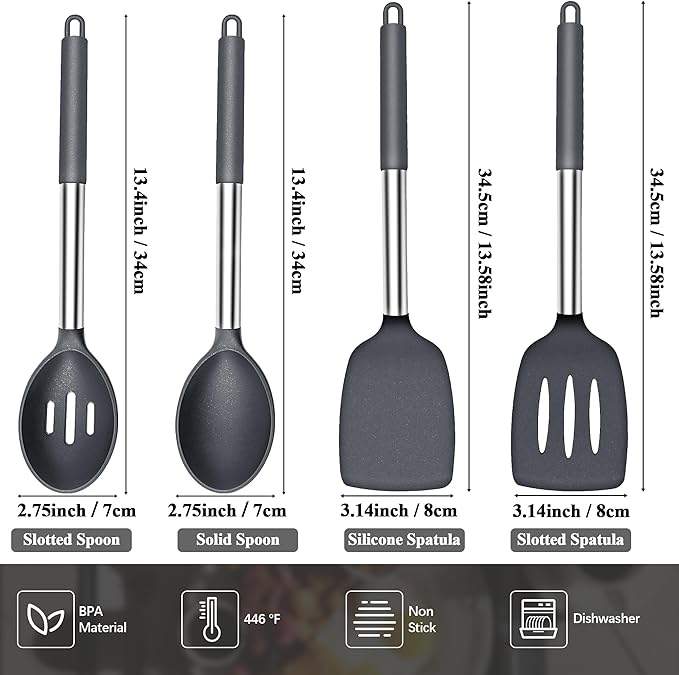 Silicone Spatula Spoon Set, 4 PCS Silicone Cooking Utensils Spatula Spoon Set with Stainless Steel Handle, BPA Free Kitchen Turners for Frying, Mixing, Serving, Draining, Turning, Stirring, Grey