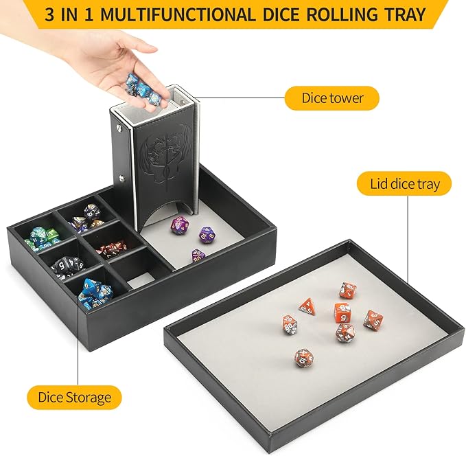 3 in 1 Dice Tray with Lid and Storage Tower, Portable Dice Box Holder for D&D RPG MTG Table Games - Gray
