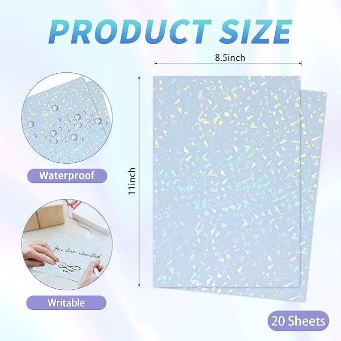 Printable Holographic Sticker Paper,20 Sheets 11 x 8.5''glass fragment Printable Waterproof Sticker,Rainbow Vinyl Sticker for Inkjet or Laser Printer