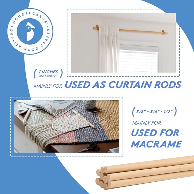 Dowel Rods Wood Sticks Wooden Dowel Rods 1/2 x 72 Inch Unfinished Hardwood Sticks for Crafts and DIYers 10 Pieces by Woodpeckers