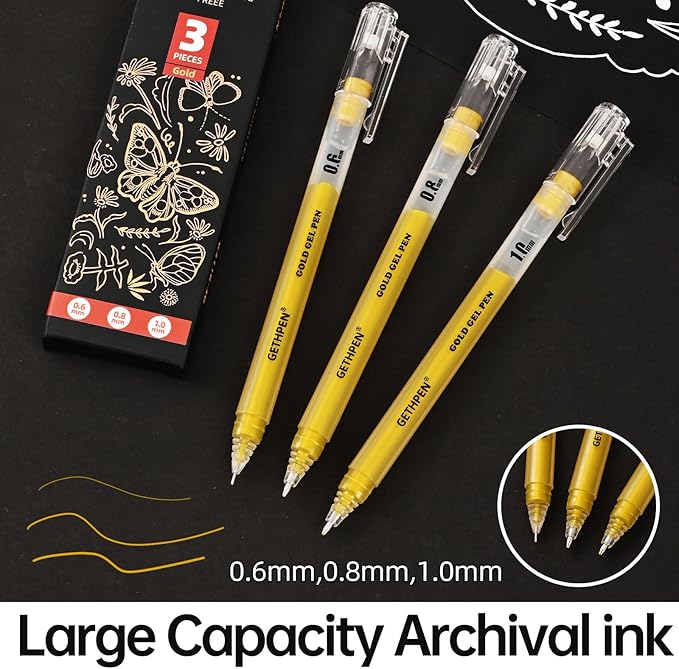 Gold Gel Pens 3-Pack - 0.6/0.8/1.0mm Fine to Bold Tips for Black Paper, Bullet Journaling & Holiday Crafts - Metallic Ink Set for Artists, Card Making & DIY Gifts