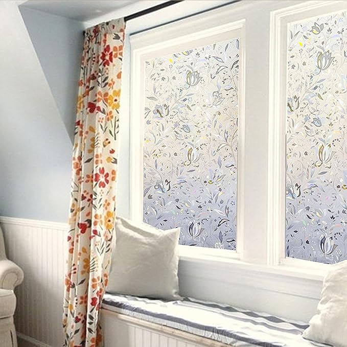 LEMON CLOUD Window Film, Decorative Window Privacy Film, 3D Stained Glass Window Sticker,Anti-UV Sun Blocker Heat Control for Home(Rainbow Tulip Design,29.5 x 78.7 inches)