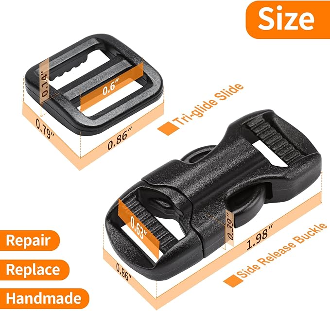 5/8" Buckle and Strap Set: 6 Yards of Thick Nylon Webbing, 6 Pack Quick Side Release Adjustable Plastic Buckles, 12 Tri-Glide Slide Clips, Black (5/8" Combo Set)