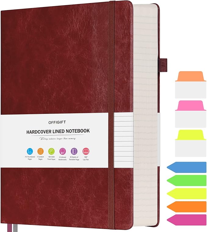 Lined Journal Notebook, Large A5 Hardcover Leather Journal, 312 Numbered Pages Work Notebook, 100gsm No Bleed Paper, College Ruled Notebook for Women Men School Office, 5.75" x 8.38", Burgundy