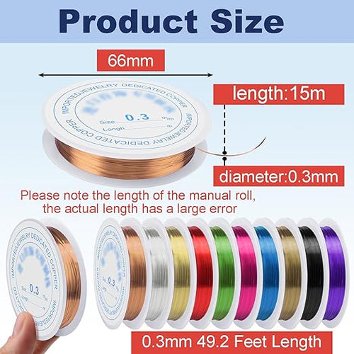 0.3 mm Dia. 10 Rolls Copper Jewelry Wire, 10 Assorted Colors Beading Wire for Jewelry Making Bracelet Earrings Rings Necklaces Flower Craft Projects