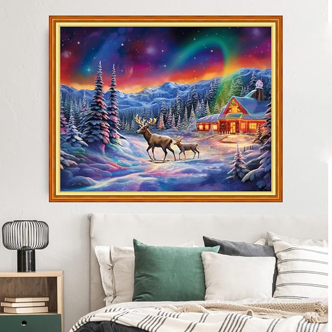 Dimxvean Stamped Cross Stitch Kits,Cross Stitch Kits for Adults Beginners,Embroidery Kits Full Range of Cross Stitch Stamped Kits Needlepoint Kits Cross Stitch Patterns-Aurora Elk 16x20 inch