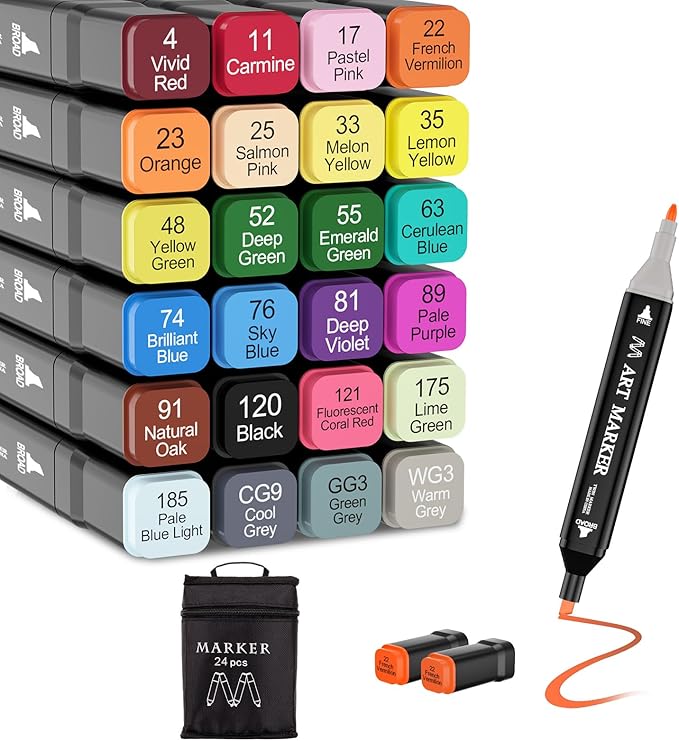 Banral Alcohol Markers, 24 Colors Dual Tip Alcohol Based Art Marker Set for Artists Adults, Permanent Drawing Pens for Adult Coloring Sketching Illustration