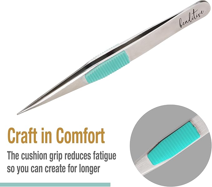 Beaditive High Precision Heavy-Duty Tweezers With Cushion - 4.7" Craft Tweezers for Sewing, Beading & DIY Crafts - Non-Serrated, Fine Point Tips - Stainless Steel Needle Nose Hobby Tweezers (Teal)