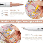 Ohuhu Markers for Adult Coloring Books No Bleeding 120 Colors Coloring Markers Water-based Dual Tips Fineliner & Brush Drawing Pens Art Pens for Kids Adults Sketch Journal - Maui - White
