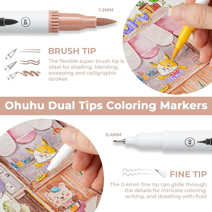 Ohuhu Markers for Adult Coloring Books No Bleeding 120 Colors Coloring Markers Water-based Dual Tips Fineliner & Brush Drawing Pens Art Pens for Kids Adults Sketch Journal - Maui - White