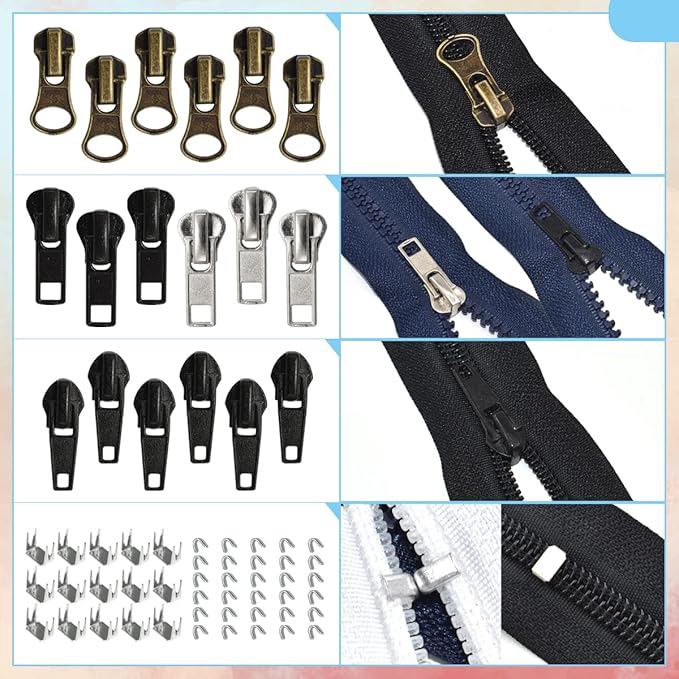 24 Pcs #5#7 Zipper Sliders Replacement Zipper Pull Repair Kit Includes Top and Bottom Stoppers for Clothing Bags Purses Luggage Metal Plastic Nylon Coil Jacket Zippers Supplies