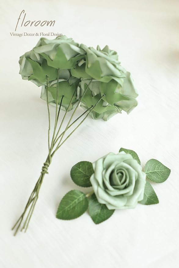 Floroom Artificial Flowers 25pcs Real Looking Elf Green Foam Fake Roses with Stems for DIY Wedding Bouquets Bridal Shower Centerpieces Sage Green Floral Arrangements Home Decorations