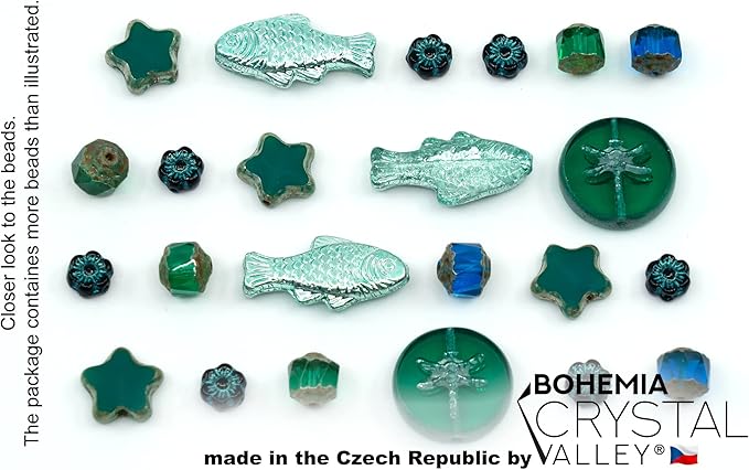 2.1oz (60g) of Glass Focal Bead Mix with Flowers, Table-Cut and fire Polish Czech Beads, PG Green