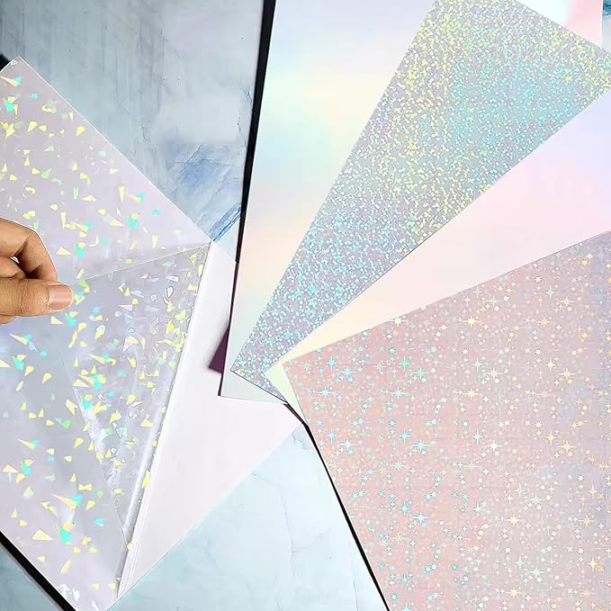 STARVAST 90 Sheets Holographic Sticker Paper, Transparent Holographic Vinyl Laminate Sheets, Self Adhesive A4 Size Printable Holographic Paper with Gem Rainbow Spot Star Patterns