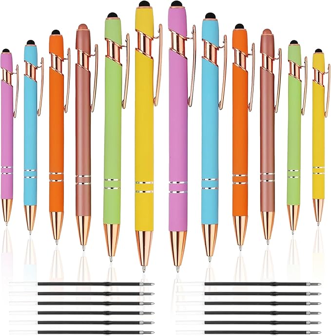 12 PCS 2 in 1 Stylus Ballpoint Pen with Stylus Tip, 1.0 mm Black Ink Metal Pen Stylus Pen for Touch Screens (Rose Gold & Mix3)