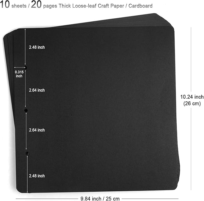 10 Sheets Double Sided 9.84 x 10.24 inch Refill Pages - Acid Free Additional Thick Craft Paper Cardboard for All Series ADVcer 10x10 Three-Ring Loose-Leaf Binder Photo Album Scrapbook (Black)