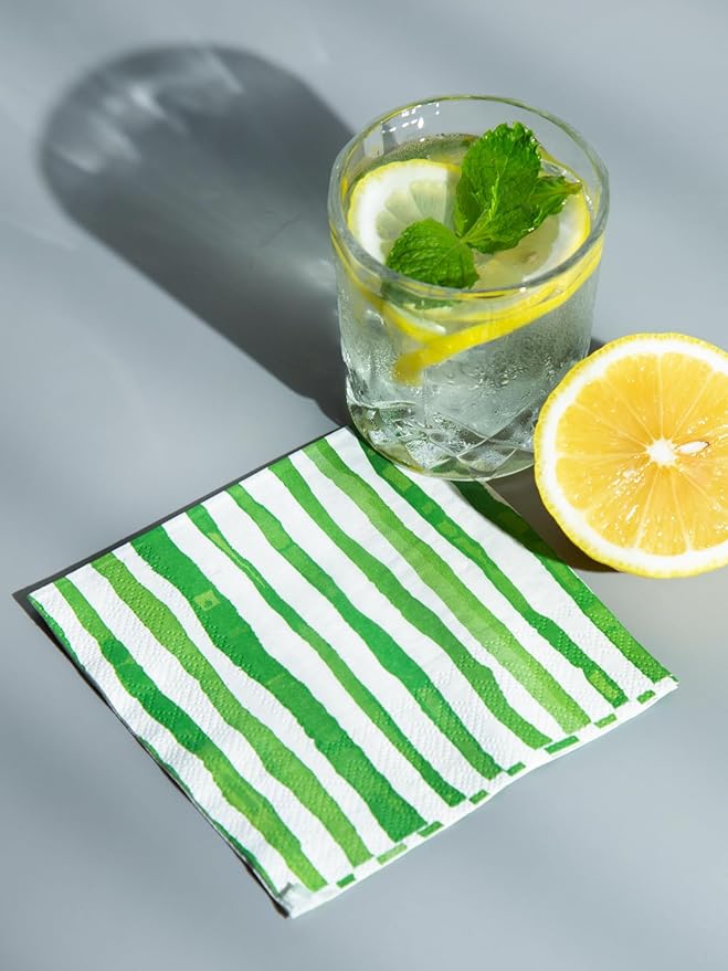 80 Pack Designer Cocktail Beverage Napkins, 3-Ply 5x5-inches Disposable Decorative Fall Winter Green and White Stripe Watercolor Napkin for Wedding Birthday Anniversary Party Baby Shower