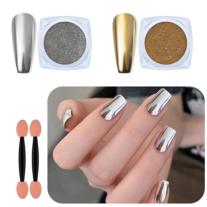 Artdone 2 Jars Chrome Nail Pearl Powder Silver and Gold, Iridescent Aurora Powder Metallic Mirror Effect Pigment Pearlescent Mermaid Pearl Dust Kit, Decoration Acrylic Resin Craft