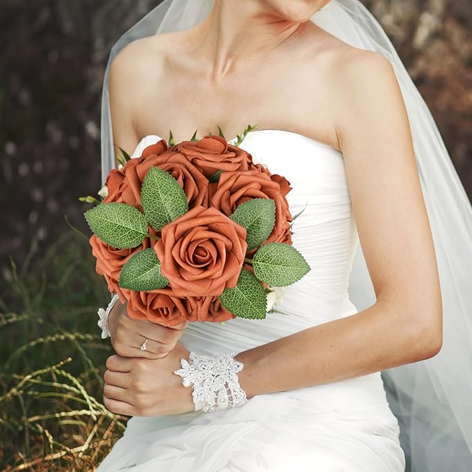AmyHomie Artificial Flowers Burnt Orange Rose 25pcs Real Looking Fake Roses w/Stem for DIY Wedding Bouquets Centerpieces Arrangements Party Baby Shower Home Decorations