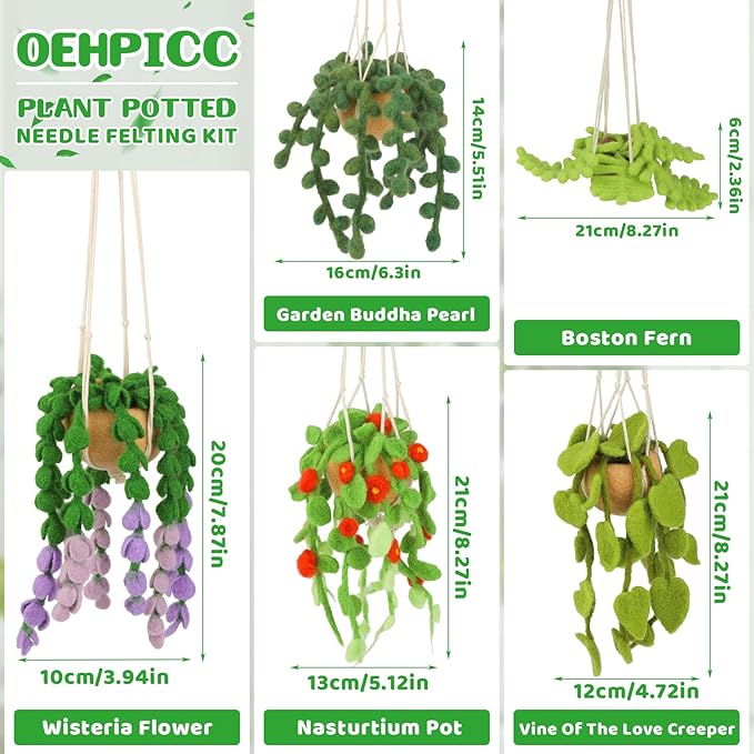 OEHPICC Needle Felting Kit, 5 Pack Hanging Plants Needle Felt Beginner Kit, Including Basic Felting Tools, Instructions, Felt Craft Kit for Indoor Outdoor Office and Home Decor