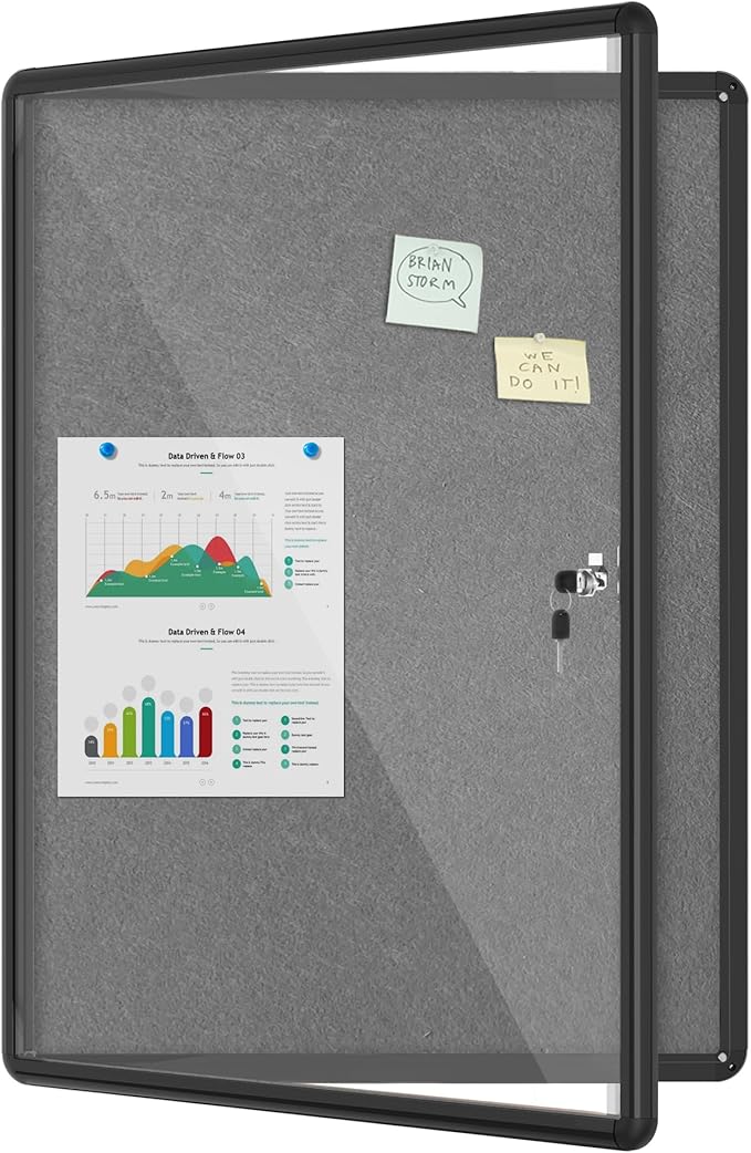 38"x28" Enclosed Bulletin Board, Lockable Weather-Resistant Aluminum Cork Noticeboard for Hospital School & Office, Black Frame w/Grey Flet