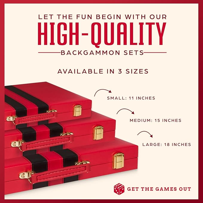 Get The Games Out Top Backgammon Set - Classic Board Game Case - Best Strategy & Tip Guide - Available in Small, Medium and Large Sizes (Red, Medium)