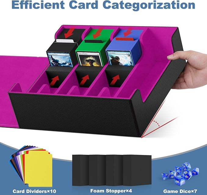 Mlikero Card Deck Case, 2400+ Trading Card Storage Box with 10 Colorful Dividers and 4 Foam Stoppers, Leather Magnetic Closure Commander Deck Box Fit for MTG, TCG (4 Rows, Black&Purple)
