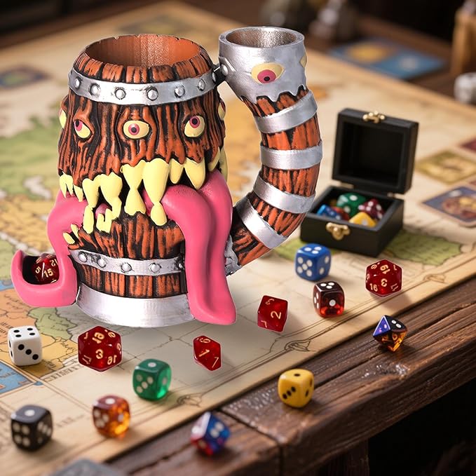 Dice Tower Mug, Dice Rolling Tower, Comes with 7 PCS Dice Set, Suitable for DND Dungeons and Dragons, Tabletop Games, Available As Drink Holder, D&D Gifts, DND Accessories (Original Wood)