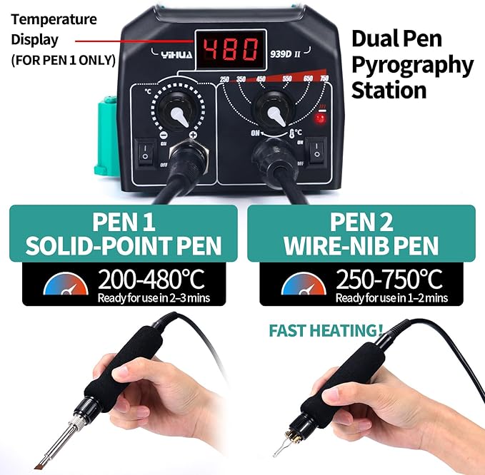 YIHUA 939D-II Pyrography Pen Wood Burning Kit Station 2-in-1 Solid-Point 200~480°C (with Temp Display)/Wire-Nib 250~750°C with 20 Nibs, Solid Points, 1 Stable Pen Holder, 2 Scrap Wood (Green)