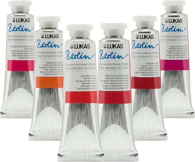 Lukas Water Mixable Oil Paint - Eco-Friendly, 37ml Reds Set of 6, Solvent-Free Artist Oil Paint with Lightfast Pigments and Beeswax for Smooth Consistency, Water Soluble, Quick-Drying