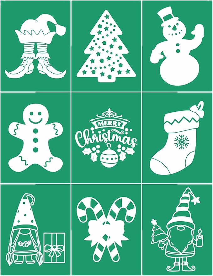 JAJADO Self Adhesive Reusable Christmas Stencils Merry Christmas Ornaments Silk Screen Stencils Winter Xmas Transfers for Coffee Bar, Office, School, Indoor Outdoor Christmas Home Decor Craft Project