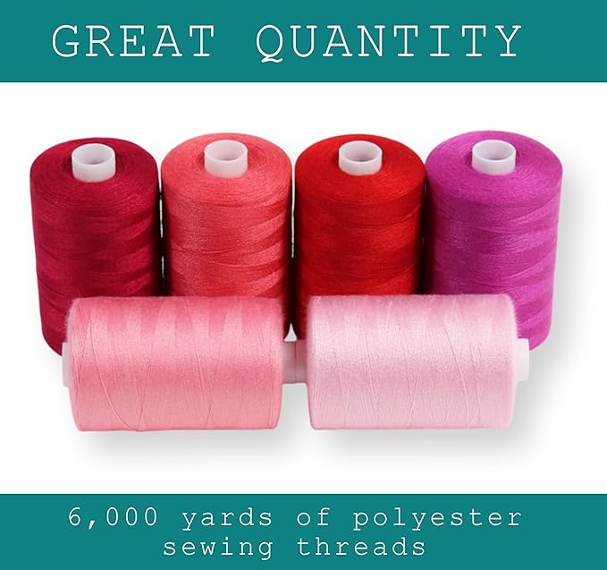 BlesSew Sewing Thread in Red Color Tones – 6 Spools of Polyester Thread for Sewing Machine for Beginners, Hand Stitching & Quilting - 1000 yds per Spool
