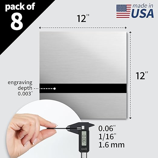 Trotec | Metallic Looking Acrylic Sheet | 12"x12"x1/16, 8 Pcs | Brushed Aluminum/Black | Metallic Finish - Scratch Resistant for Laser Engraving & Cutting,Printing,Glowforge,Name Plate | USA Made