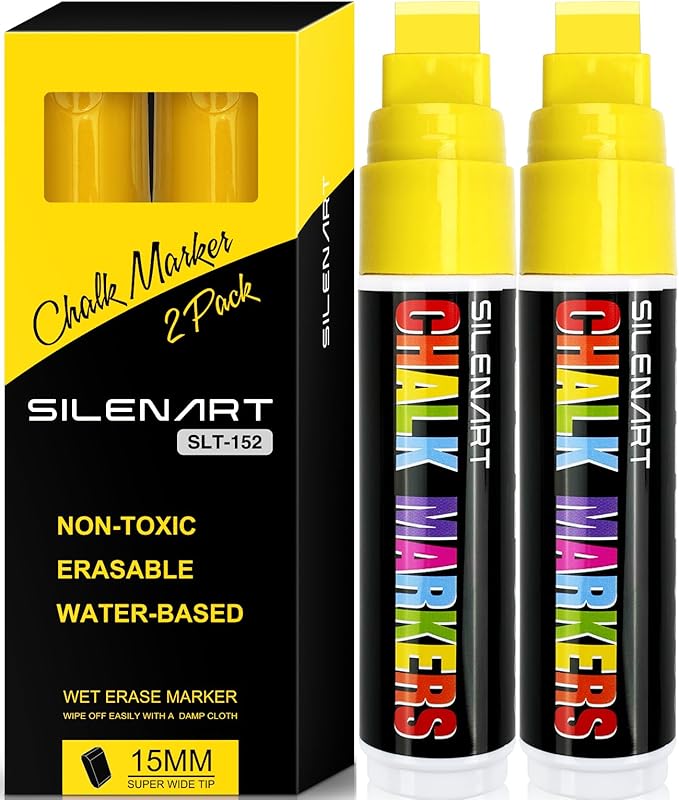 SILENART Yellow Chalk Markers 2 Pack - 15mm Super Wide Tip - White Dry Erase Markers Pen