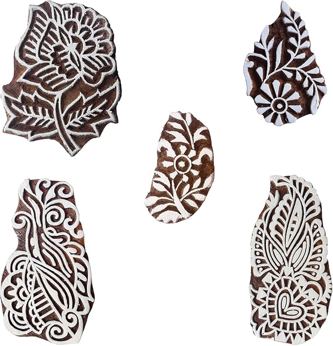 Royal Kraft Floral Wooden Printing Stamps (Set of 5) - DIY Henna Fabric Textile Paper Clay Pottery Blocks Htag2213